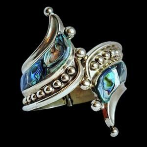 Stunning Vintage Mexican Alpaca Abalone Clamper Cuff Bracelet Hinged Statement